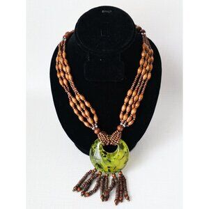 Vintage Green Lucite & Wood Beads Pendant Necklace Retro